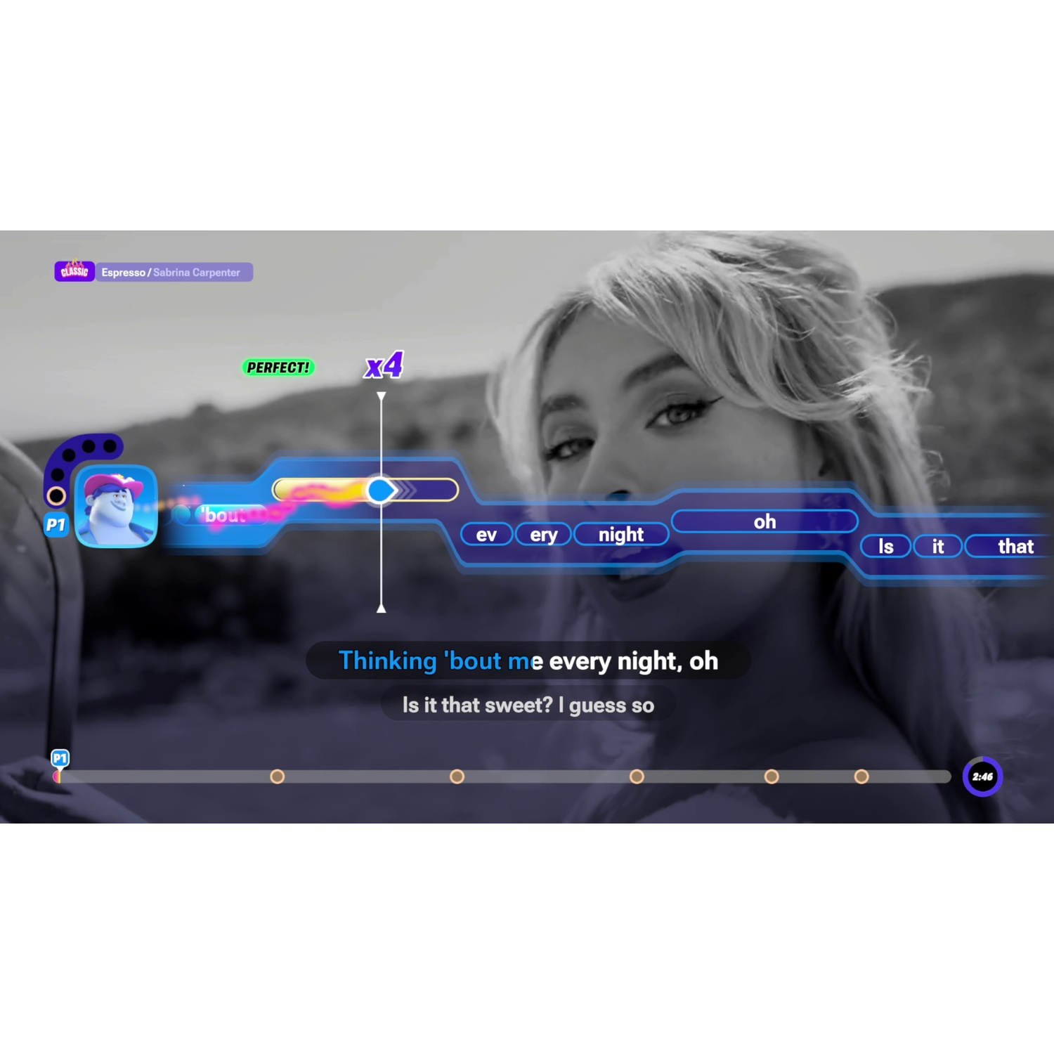 A karaoke game interface with lyrics, a pitch bar, and a blurry black-and-white background image of a woman.