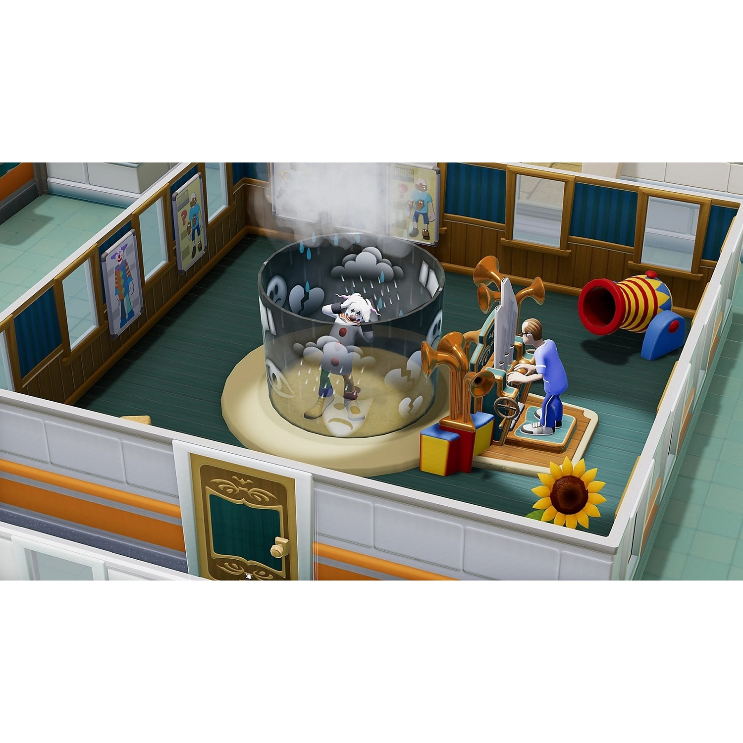 A character controls a machine making a clown inside a glass cylinder experience rain and sadness.