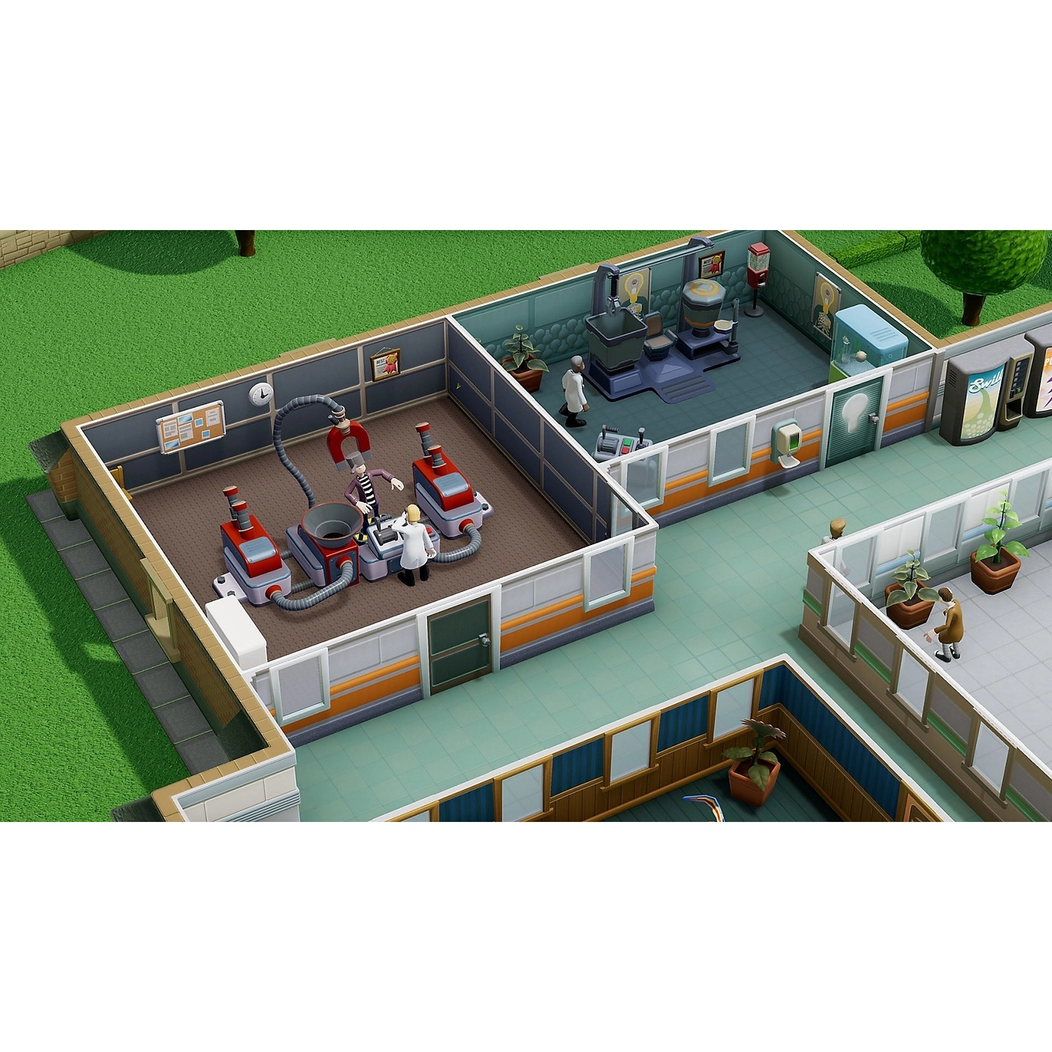 Top-down view of a video game showing researchers inside a laboratory with futuristic machinery.