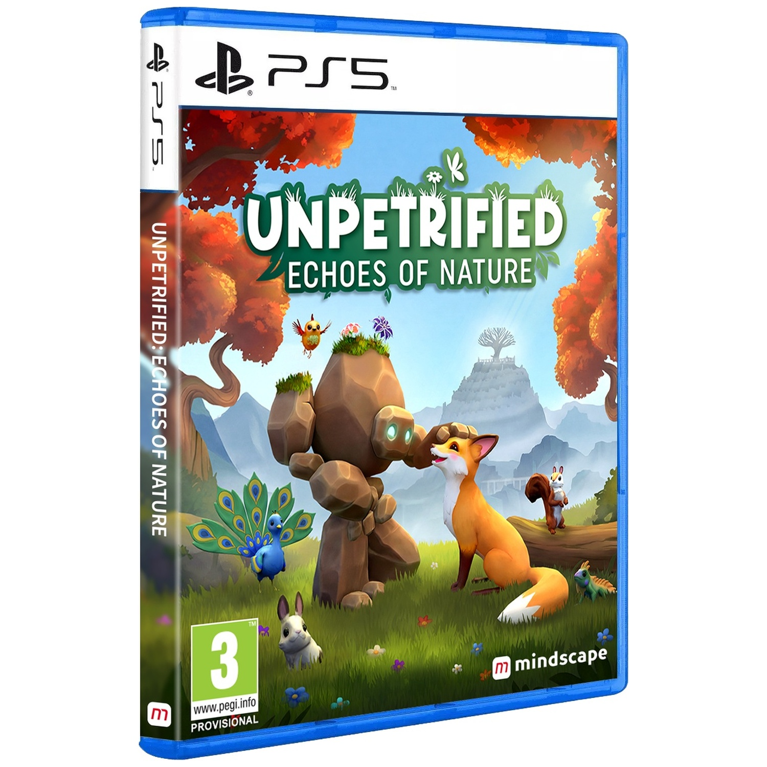 PS5-gamecase voor Unpetrified Echoes of Nature met stenen figuur, vos, pauw en dieren in groene weide.