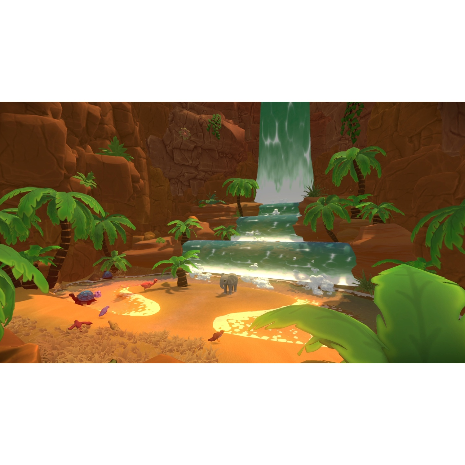 Tropische waterval met palmbomen en dieren op het strand.