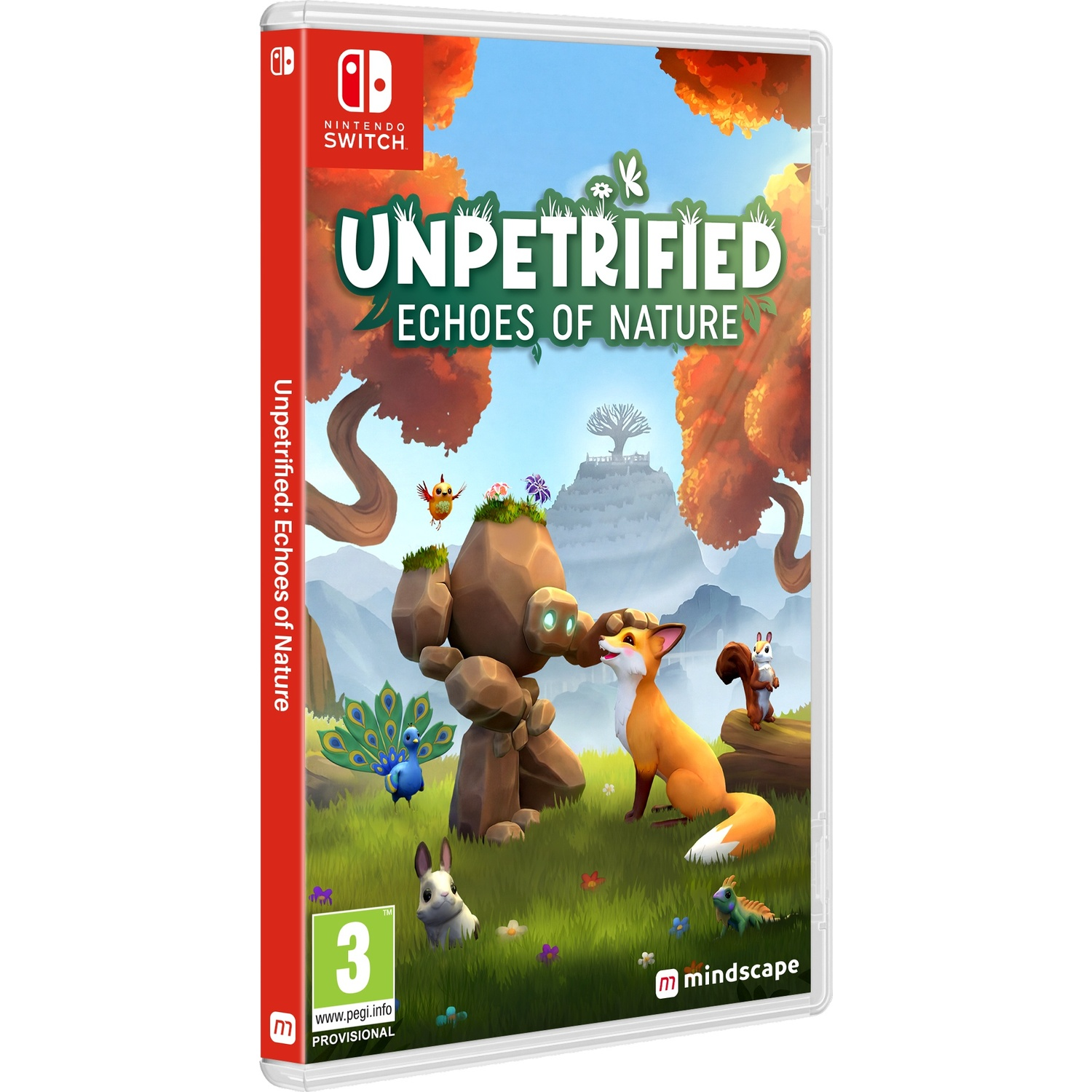Nintendo Switch-hoesje van Unpetrified: Echoes of Nature met een golem, vos en bosdieren.