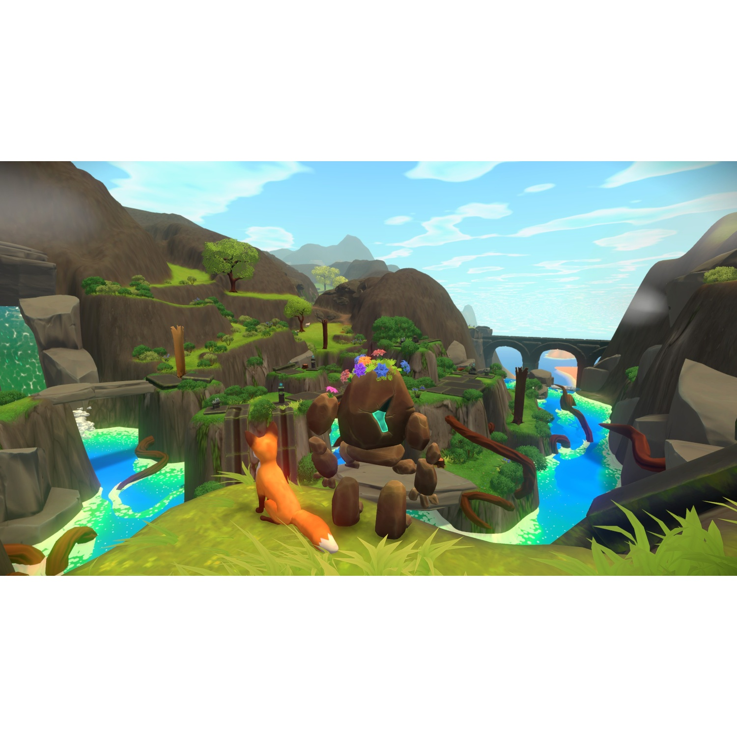Een vos en een stenen golem staan op een klif met uitzicht op een groen landschap met rivieren.