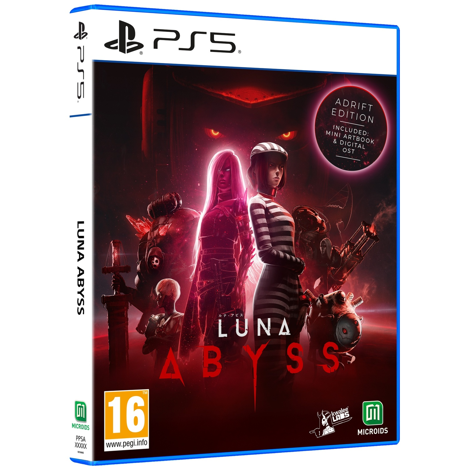 Boîtier de jeu PS5 Luna Abyss Adrift Edition en rouge avec des personnages et la classification PEGI 16.