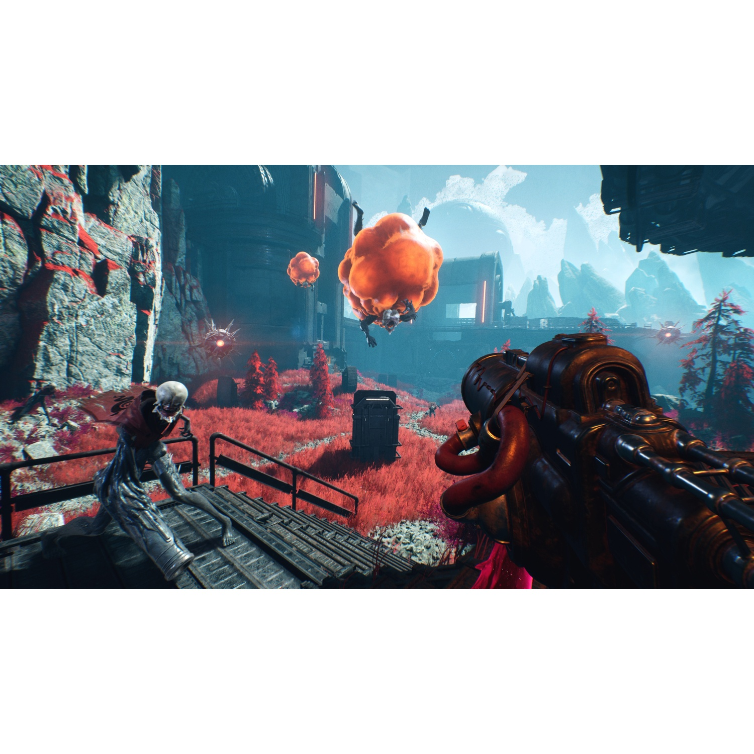 Vue à la première personne dans un jeu de science-fiction avec un paysage rouge et des créatures.