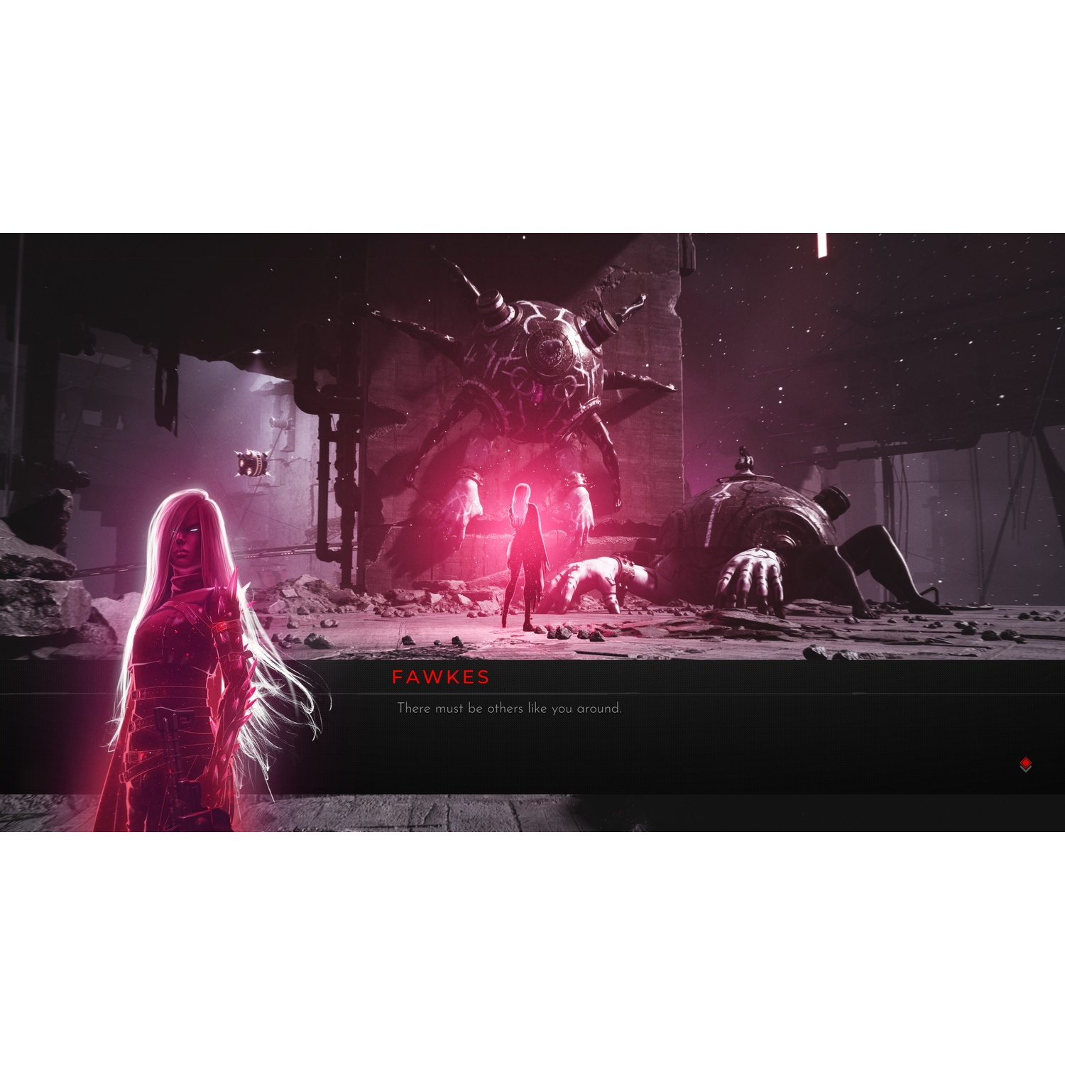 Une silhouette aux cheveux blancs se dresse devant de grandes machines sphériques dans une ruine rouge.