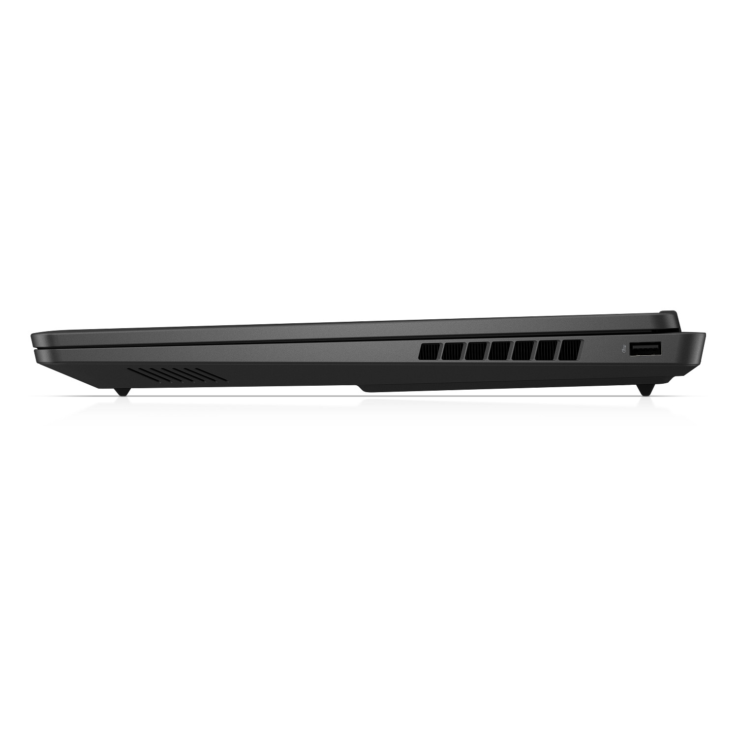 Vista lateral de una laptop negra cerrada con ranuras de ventilación y un puerto USB sobre fondo blanco.