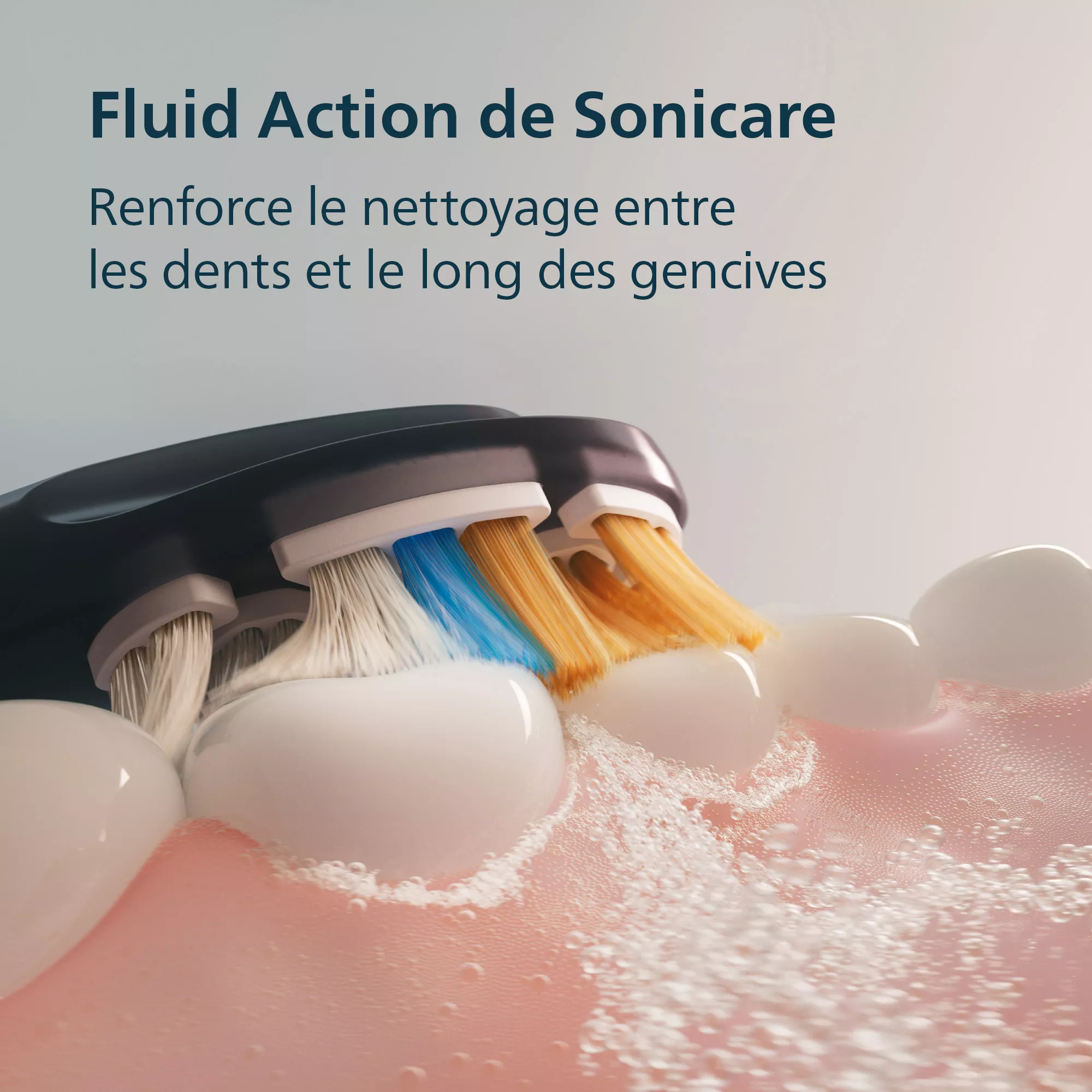 Ein Sonicare Zahnbürstenkopf reinigt Zähne und erzeugt schäumende Flüssigkeitswirkung.