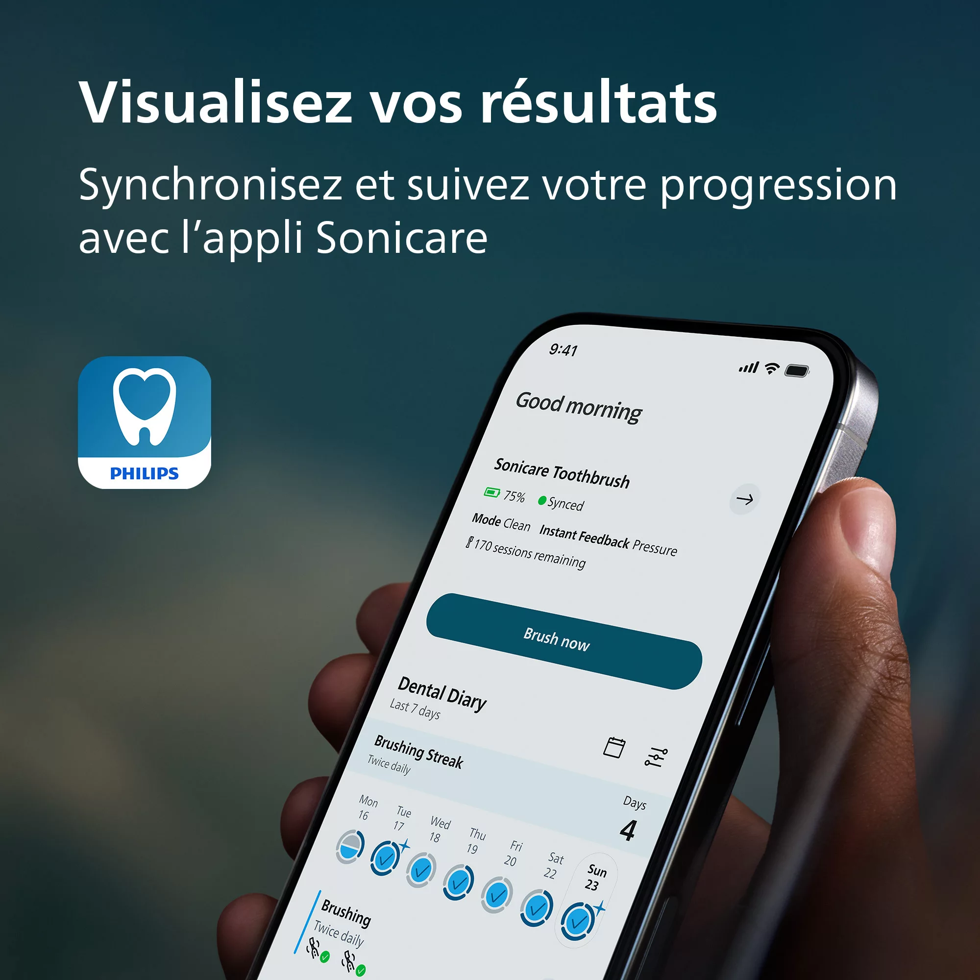 Ein Smartphone zeigt die Philips Sonicare-App mit Zahnbürsten-Statistiken, Batteriestand und Zahntagebuch.