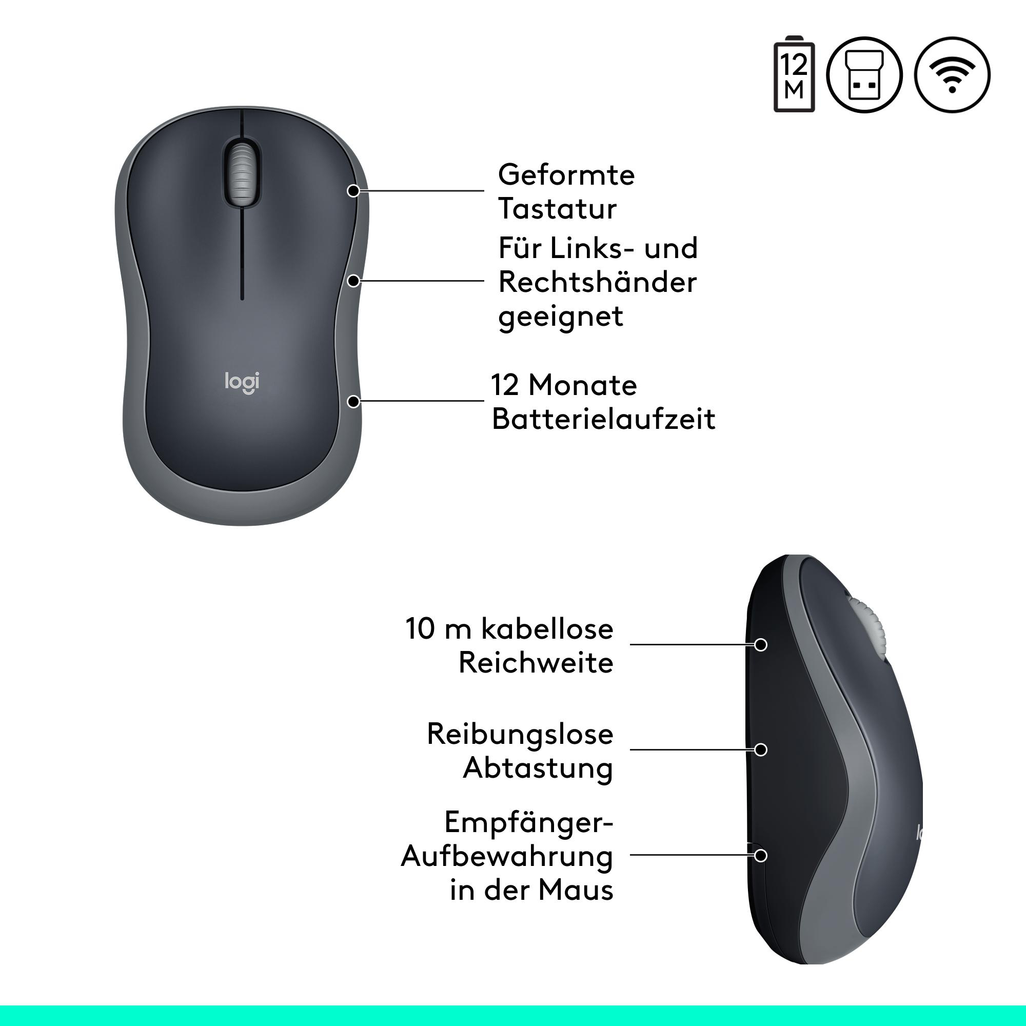 Infografik mit den Funktionen einer schwarzen Funkmaus, deutschem Text und Symbolen für Akku, USB und WLAN.