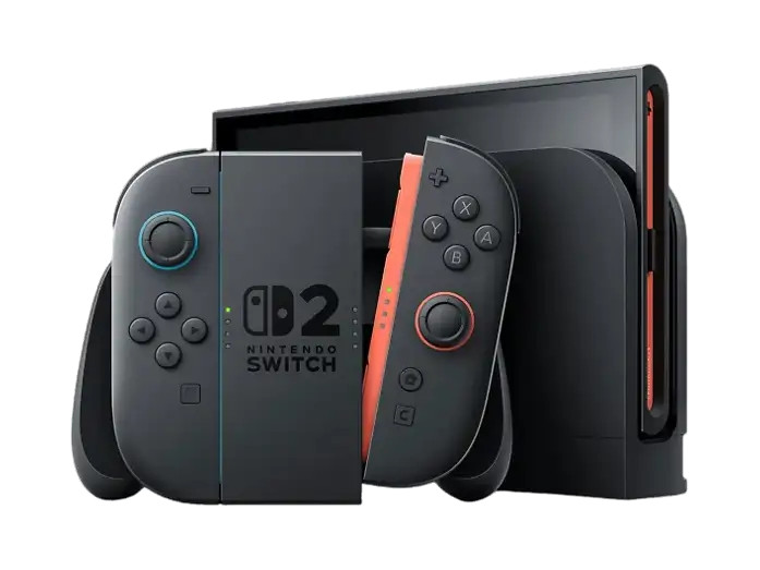 Czarna konsola Nintendo Switch 2 ze stacją dokującą i dołączonymi kontrolerami na białym tle.