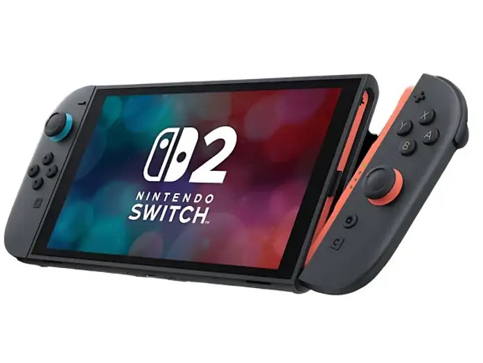Czarna konsola Nintendo Switch 2 z odłączanymi kontrolerami Joy-Con, wyświetlająca logo na kolorowym tle.