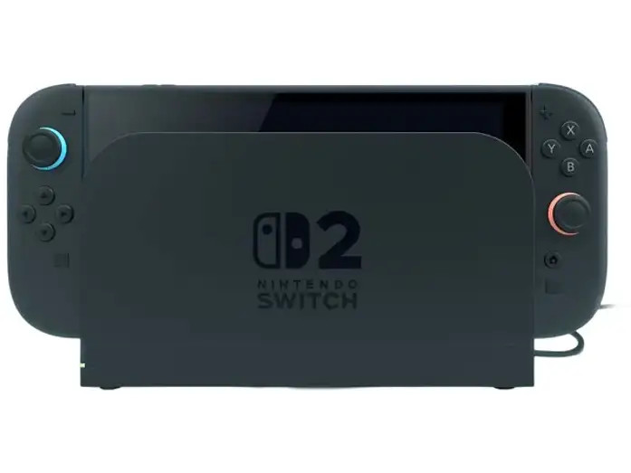 Czarna konsola Nintendo Switch 2 spoczywa w stacji dokującej na białym tle.