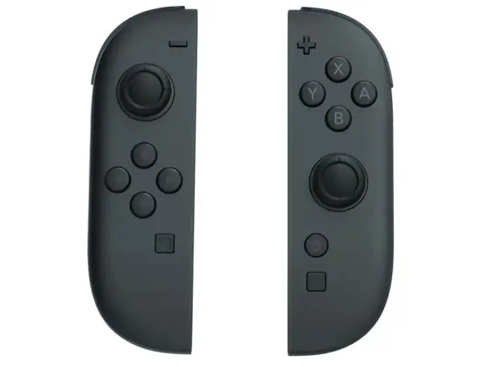 Dwa szare kontrolery Nintendo Switch Joy-Con z drążkami i przyciskami na białym tle.