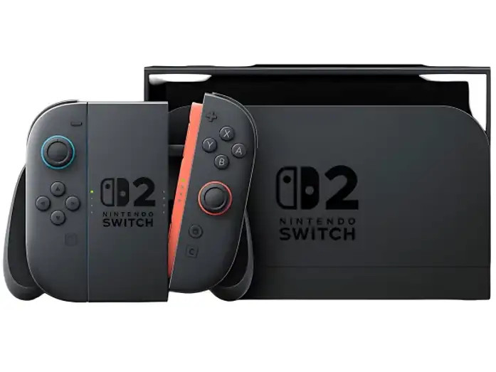 Czarna konsola Nintendo Switch ze stacją dokującą i kontrolerami na białym tle.