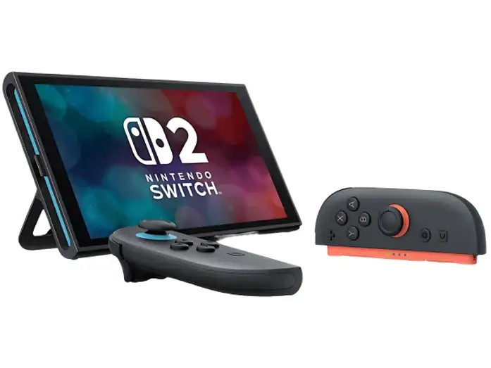 Konsola Nintendo Switch z kolorowym ekranem i dwoma odłączanymi kontrolerami na białym tle.