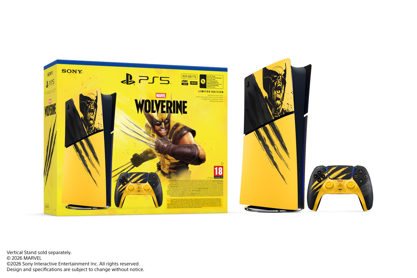 Limitowana edycja konsoli PS5 Marvel Wolverine, kontroler i żółto-czarne pudełko na białym tle.