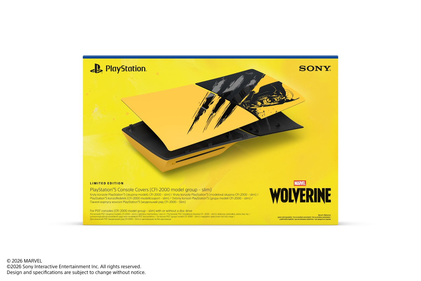 Limitowana edycja żółtych osłon konsoli PlayStation 5 z grafiką Wolverine w pudełku.