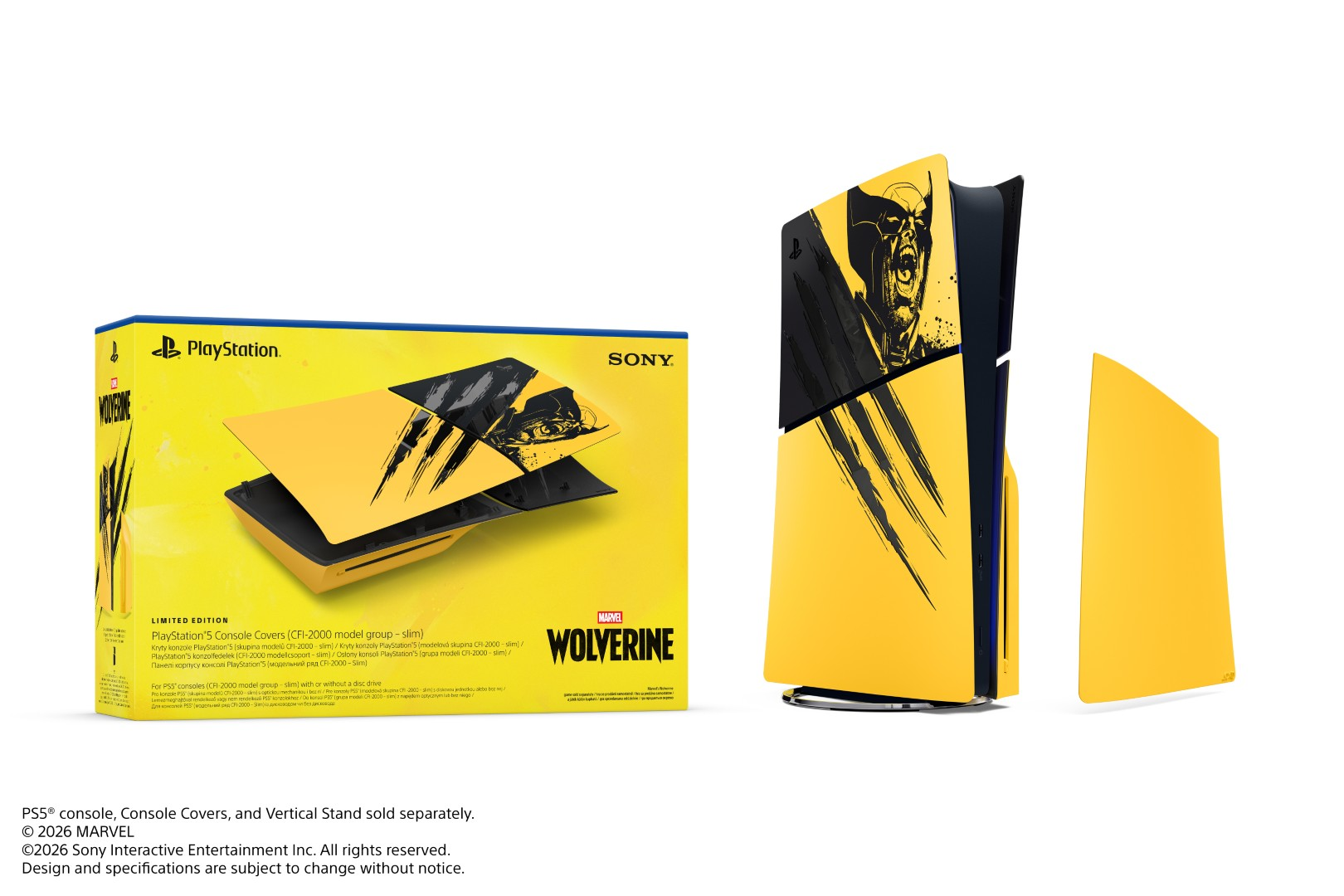 Konsola PlayStation 5 z limitowanej edycji Wolverine, osłonami i opakowaniem na białym tle.