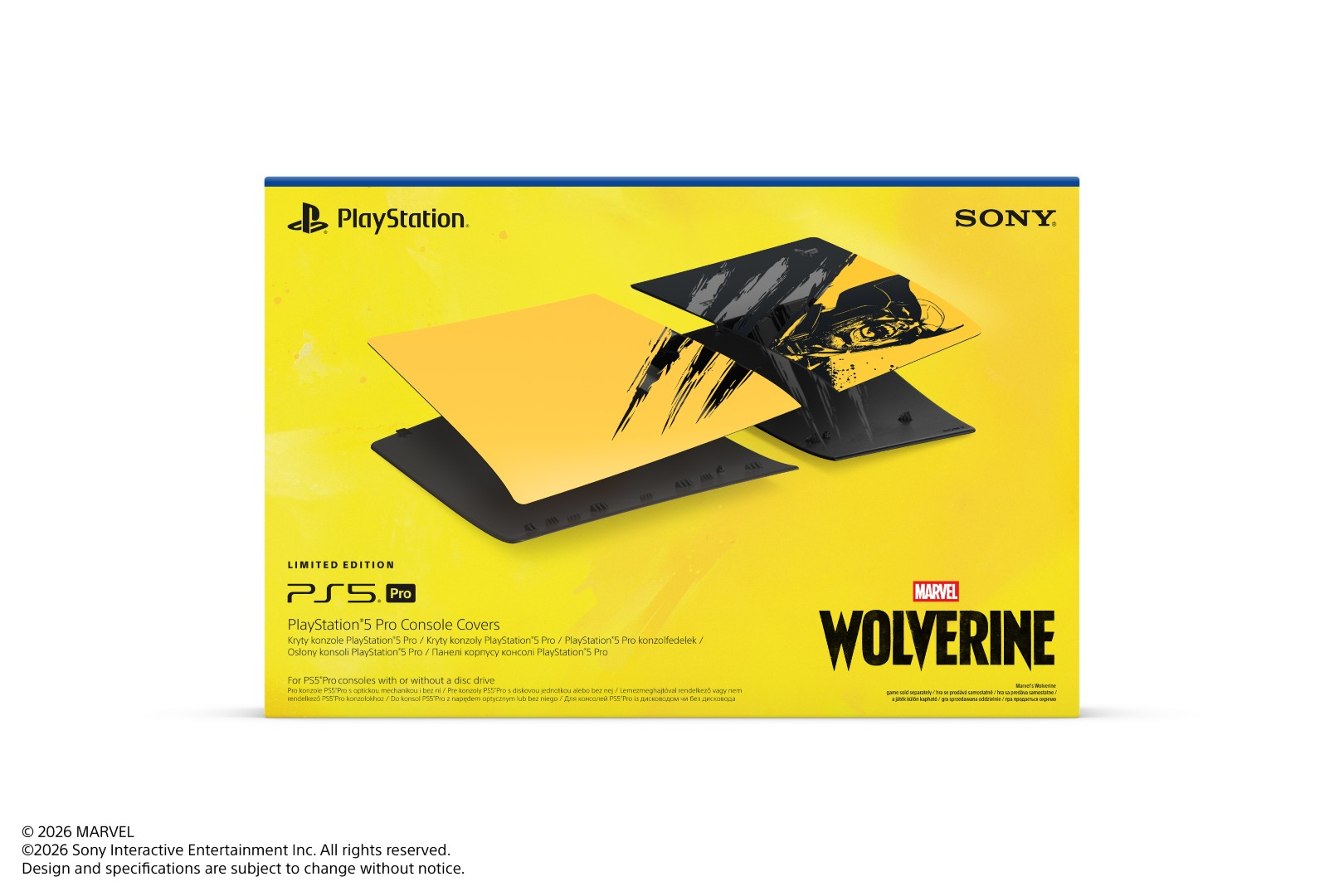 Żółte pudełko na osłony konsoli PS5 Pro Marvel Wolverine, z czarno-żółtymi wzorami.