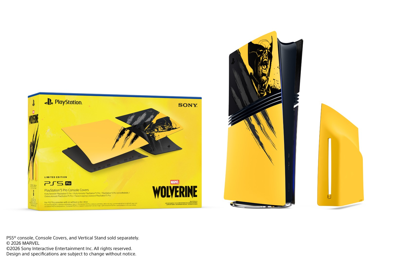Konsola PlayStation 5 Pro z motywem Marvel Wolverine, żółtymi osłonami i opakowaniem.