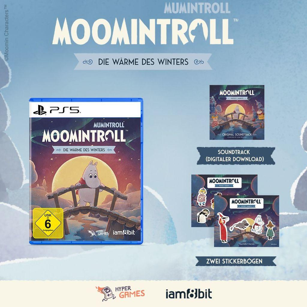 Moomintroll PS5 Spiel, Soundtrack-Download und zwei Stickerbögen auf blauem Hintergrund.