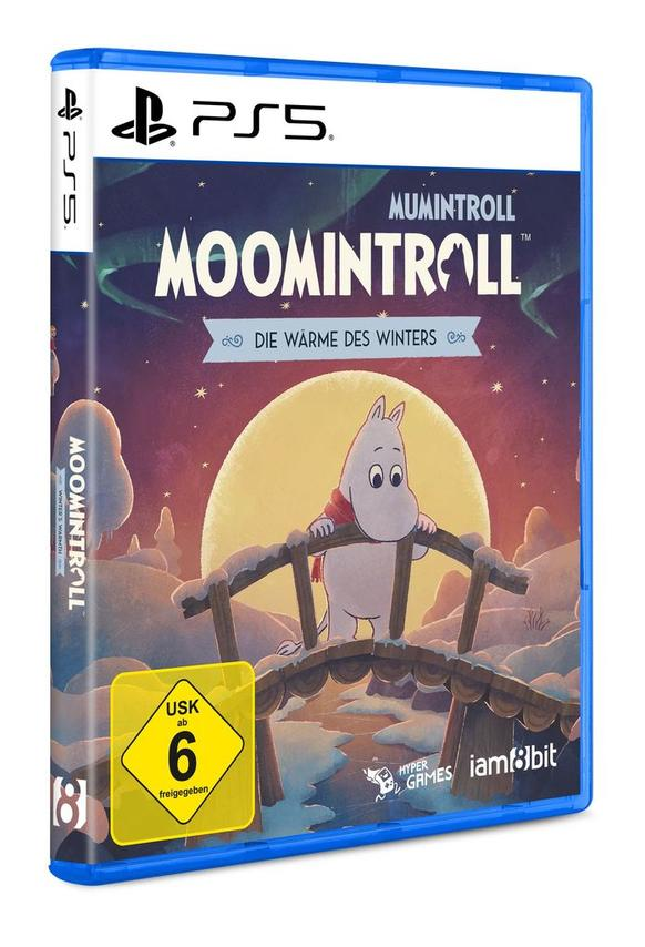 PS5-Spielhülle für Moomintroll: Die Wärme des Winters mit einer Figur auf einer Holzbrücke im Schnee bei Nacht.
