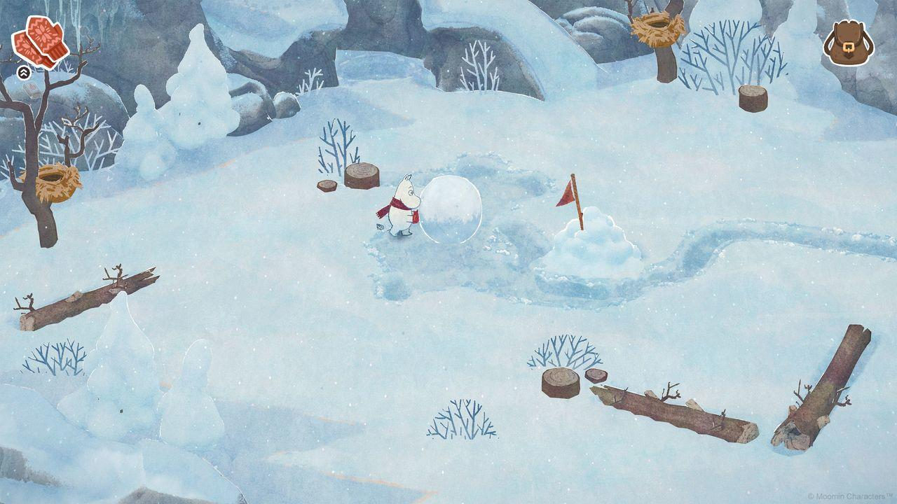 Eine weiße Kreatur baut einen Schneemann in einer winterlichen Schneelandschaft mit Bäumen.