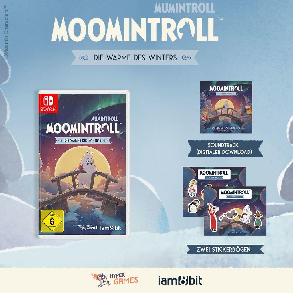 Moomintroll Spiel für Nintendo Switch mit Soundtrack und Stickern vor blauem Hintergrund.