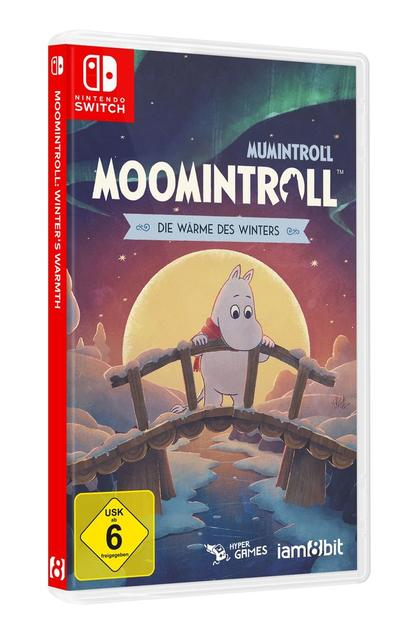 Moomintroll-Spielhülle für Nintendo Switch mit Moomintroll auf einer verschneiten Brücke.