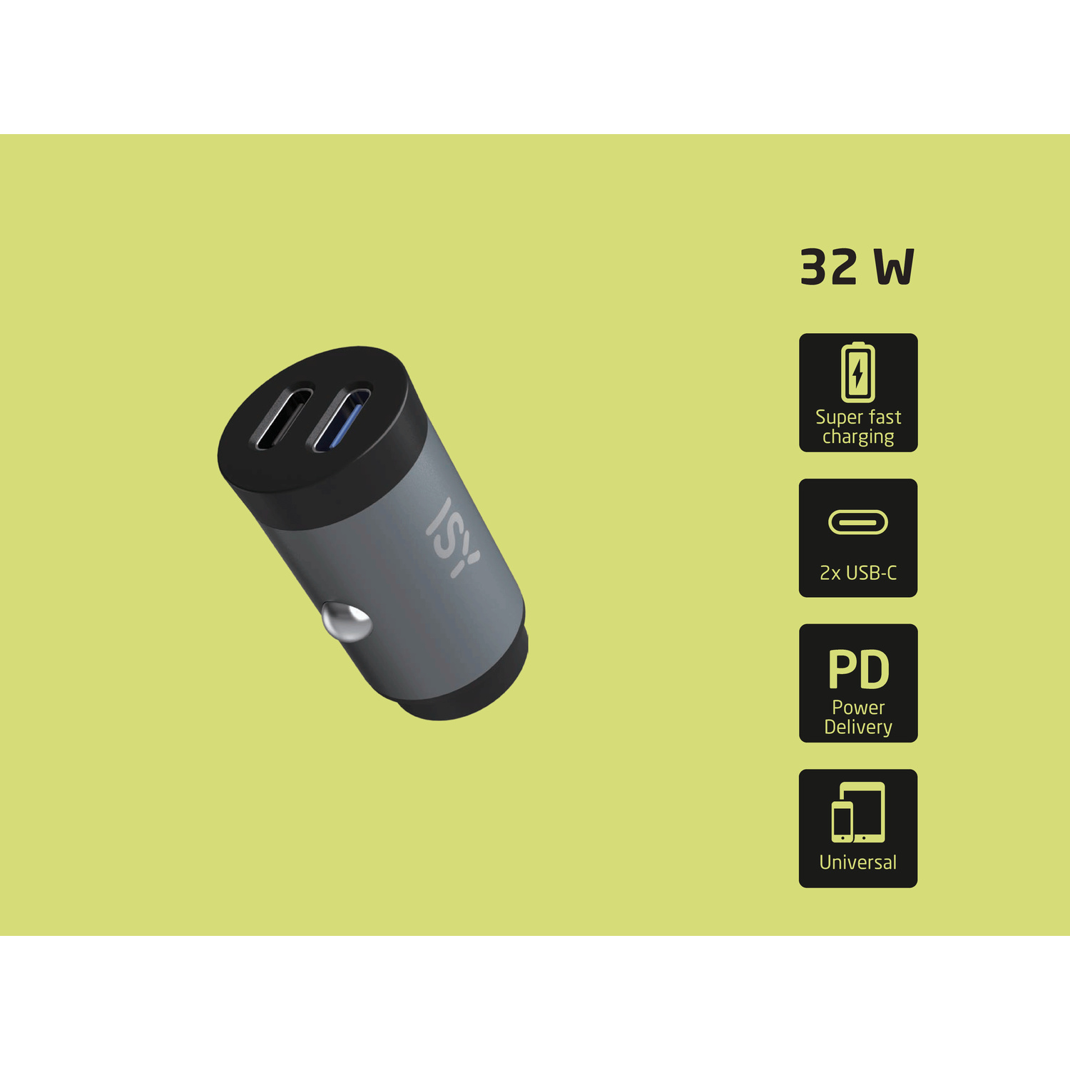 Un caricabatteria per auto USB-C grigio da 32 W con due porte su sfondo giallo.
