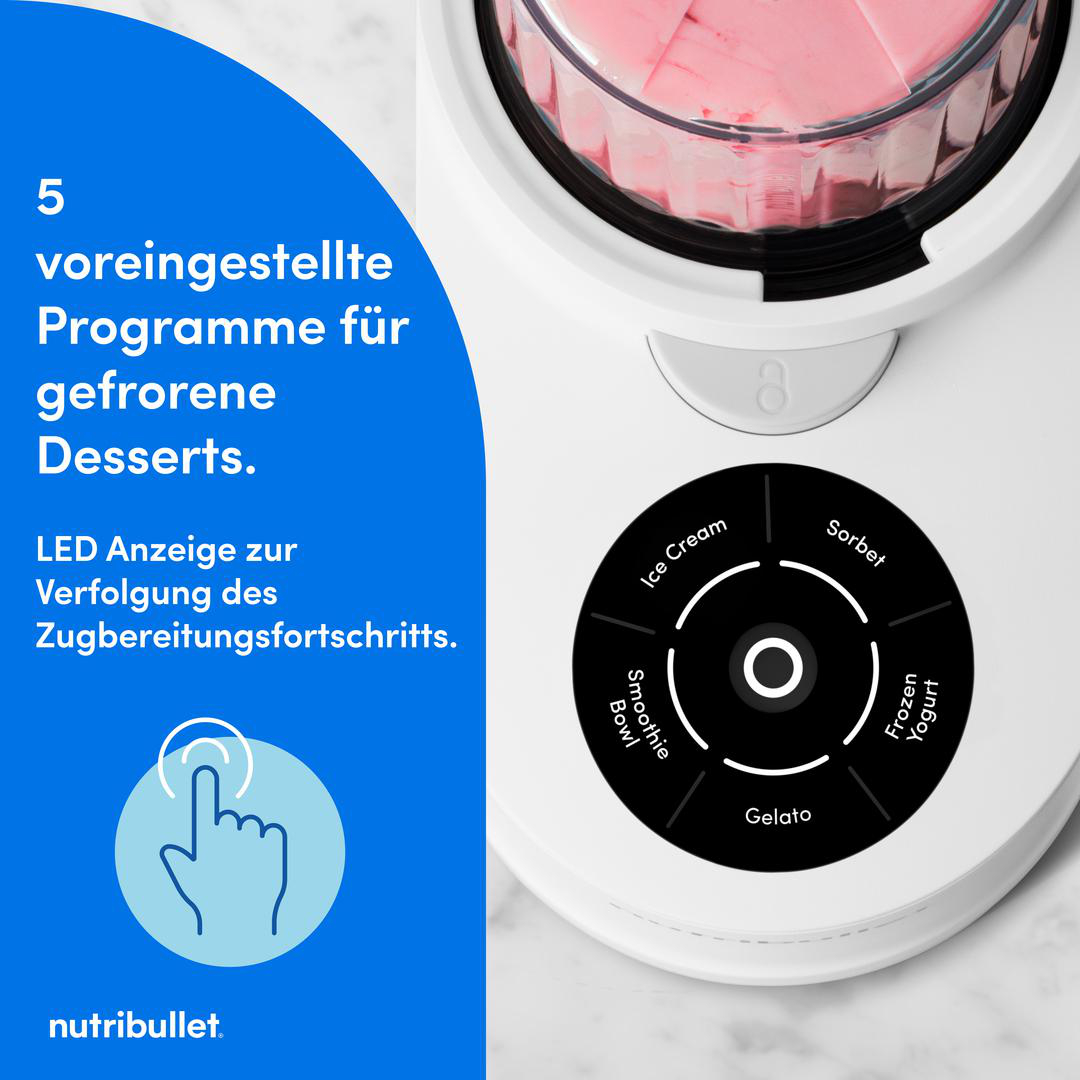 Nahaufnahme eines Nutribullet-Mixer-Bedienfelds mit 5 voreingestellten Dessertprogrammen und deutschem Text.
