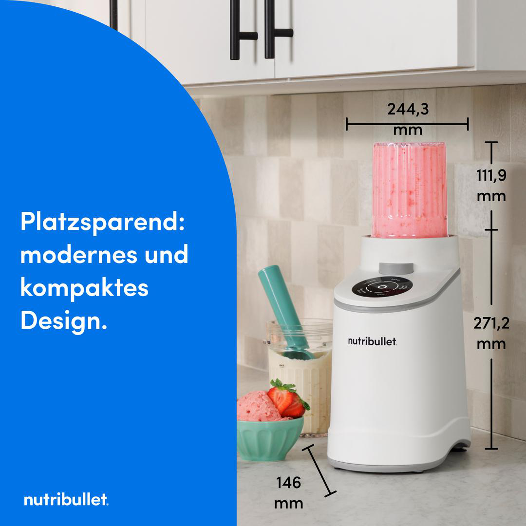Nutribullet Blender auf Arbeitsplatte mit Produktmaßen und German text.