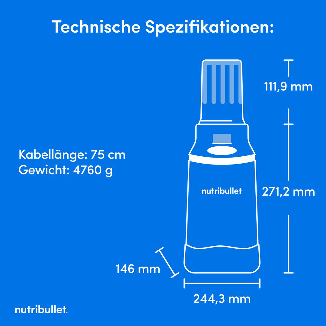Technische Spezifikationen und Abmessungen eines blauen Nutribullet-Geräts auf blauem Hintergrund.