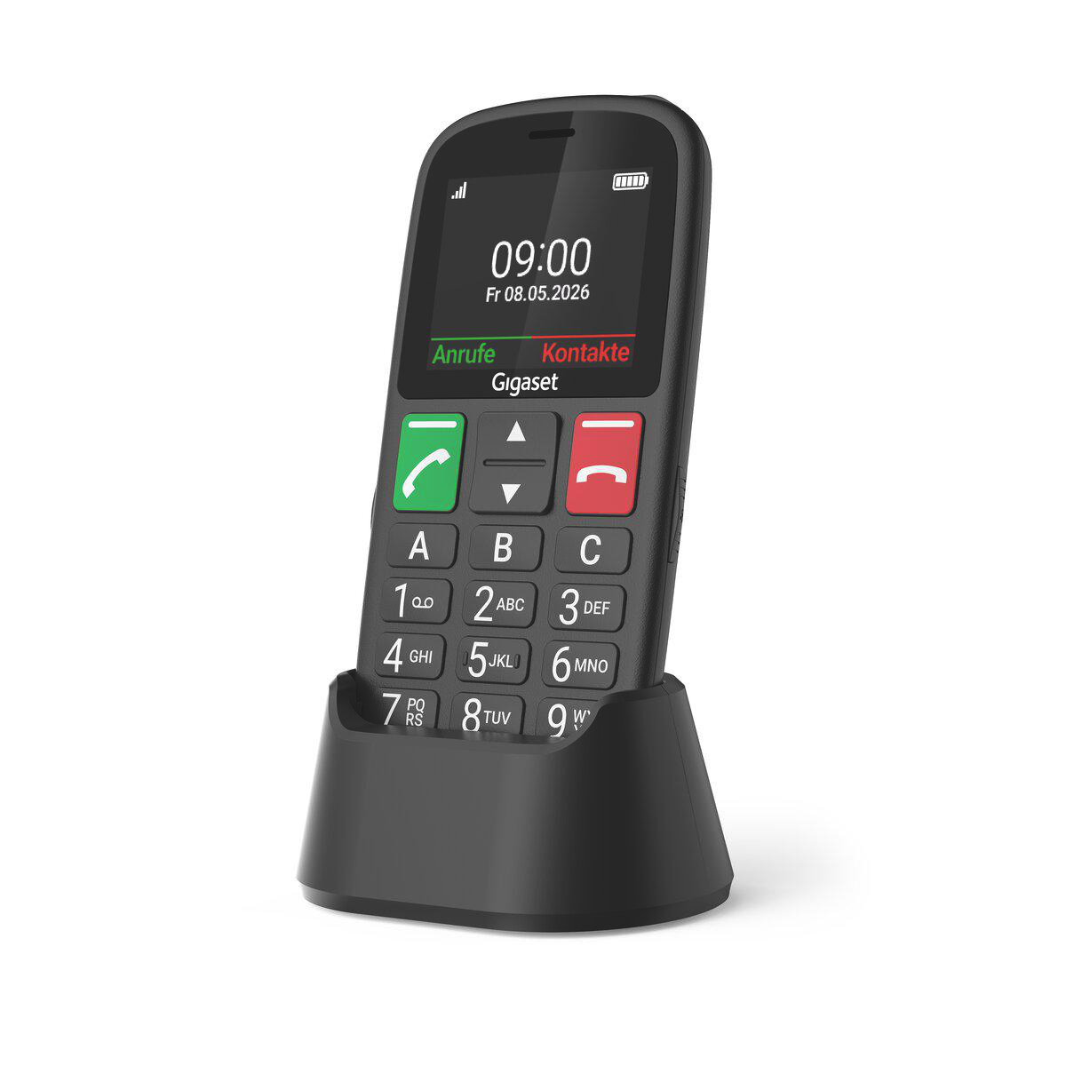 Ein schwarzes Seniorenhilfe-Tastentelefon mit großem Display und Ladestation.