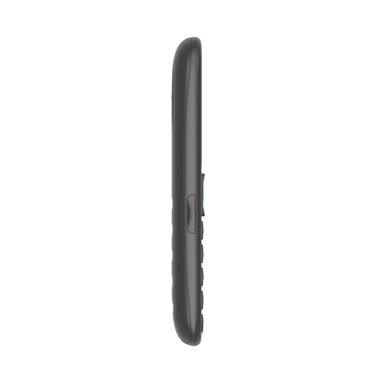 Seitenansicht eines schlanken, schwarzen Mobiltelefons mit physischen Tasten vor weißem Hintergrund.