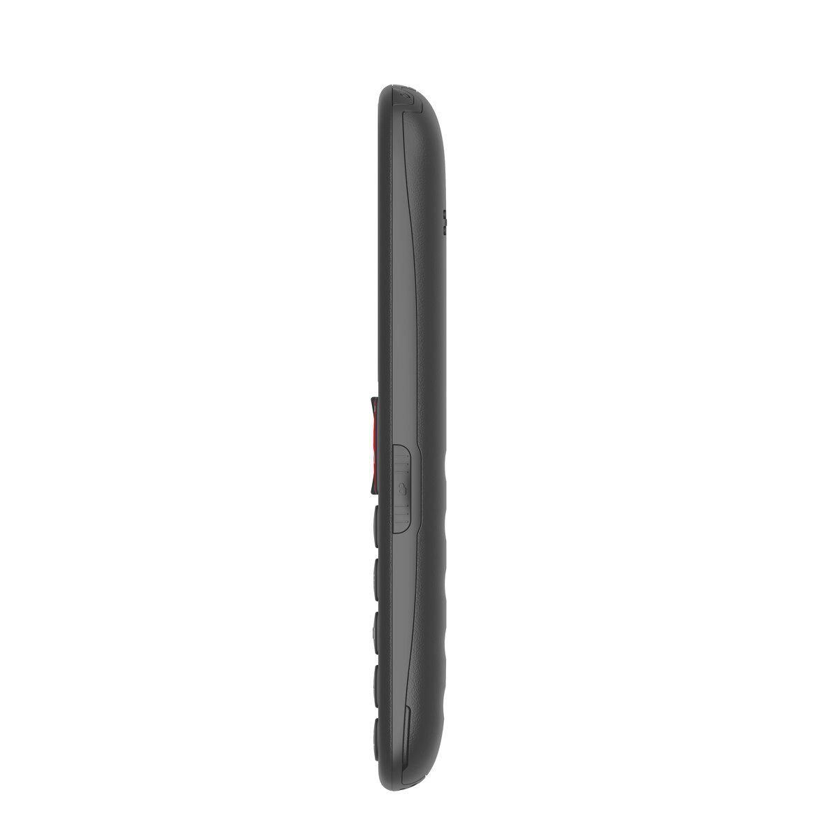 Seitenansicht eines schwarzen Mobiltelefons auf weißem Hintergrund mit deutlichen Tasten.