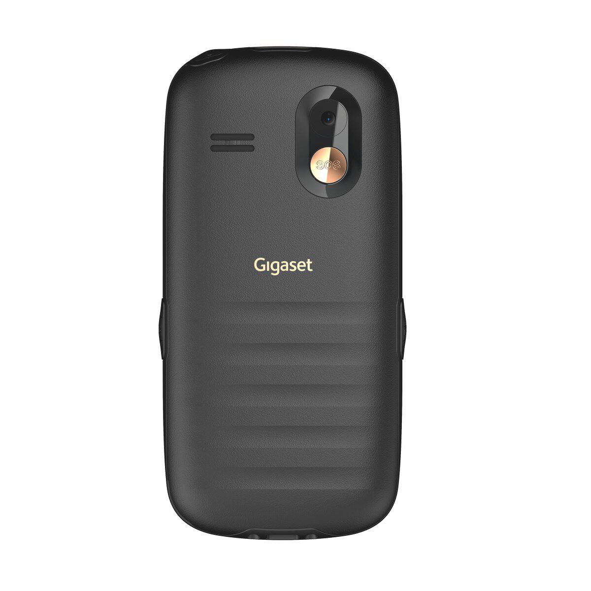 Rückseite eines schwarzen Gigaset-Telefons mit SOS-Knopf, Kamera und Lautsprecher.