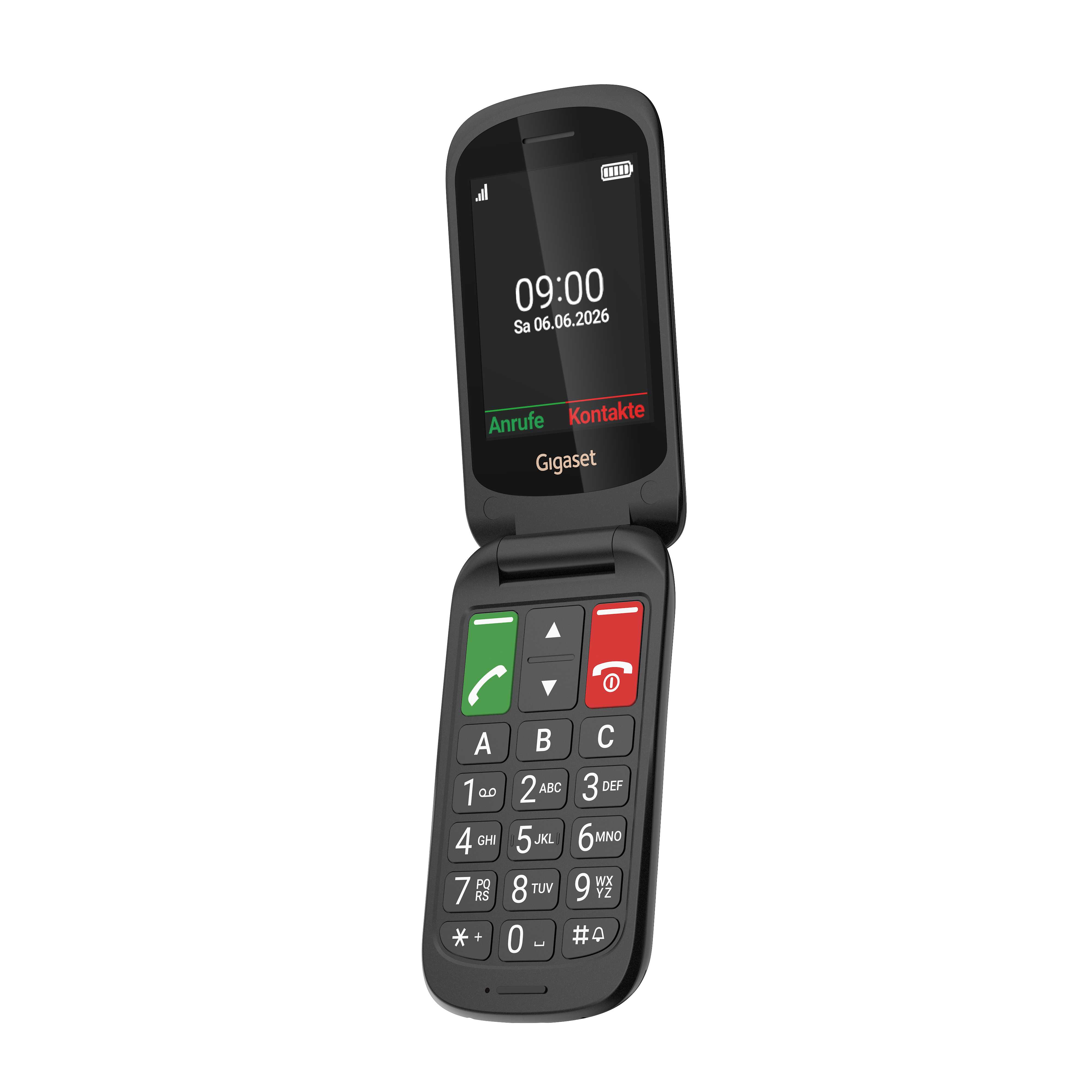 Ein schwarzes Klapptelefon ist geöffnet und zeigt ein Farbdisplay mit Uhrzeit sowie eine große Tastatur mit Ziffern.