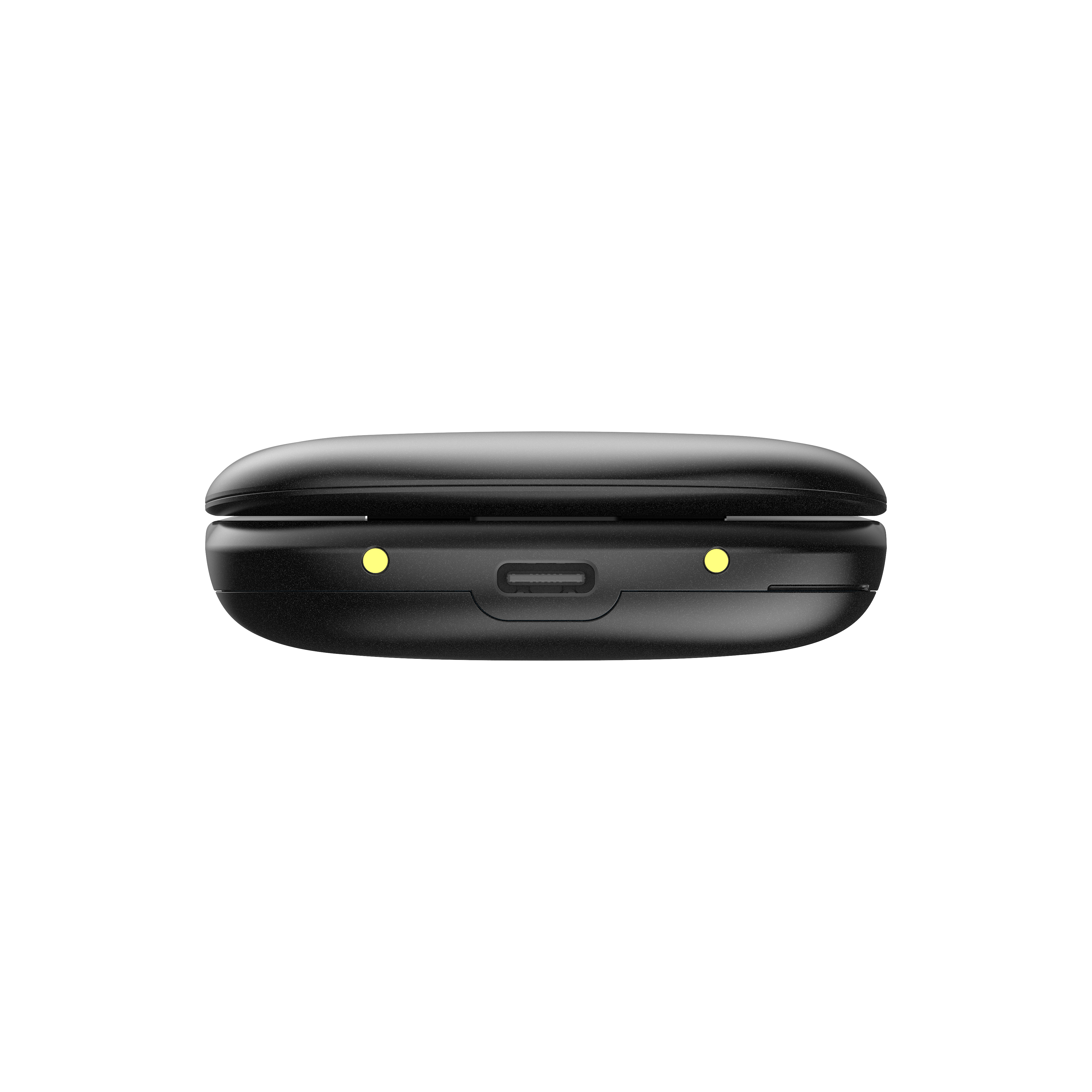 Ein schwarzes Ladeetui für kabellose Ohrhörer hat einen USB-C-Anschluss und zwei gelbe Anzeigeleuchten auf der Vorderseite.