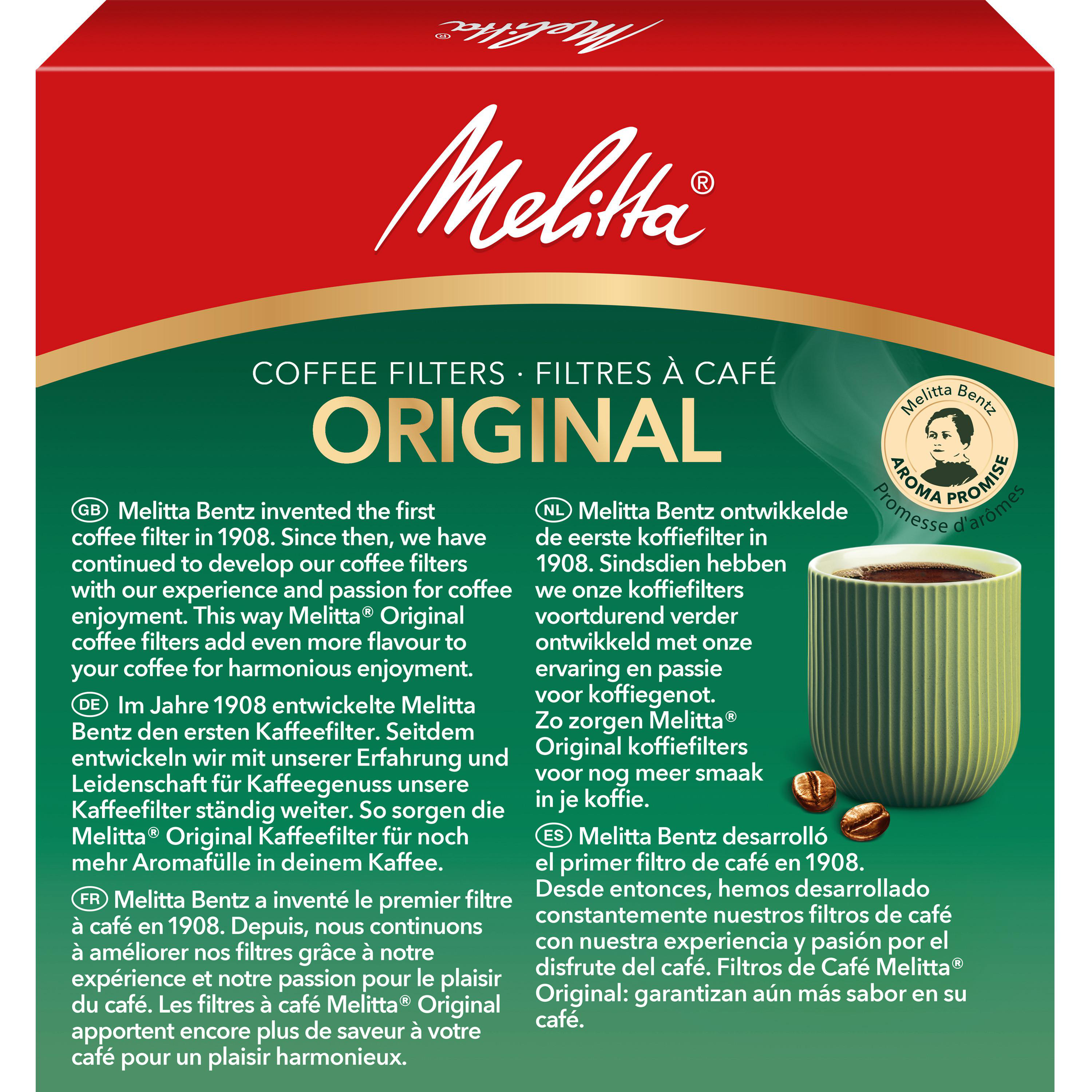 Melitta Original Kaffeefilter Verpackung mit grünem Hintergrund, Kaffeetasse und Text über die Geschichte.