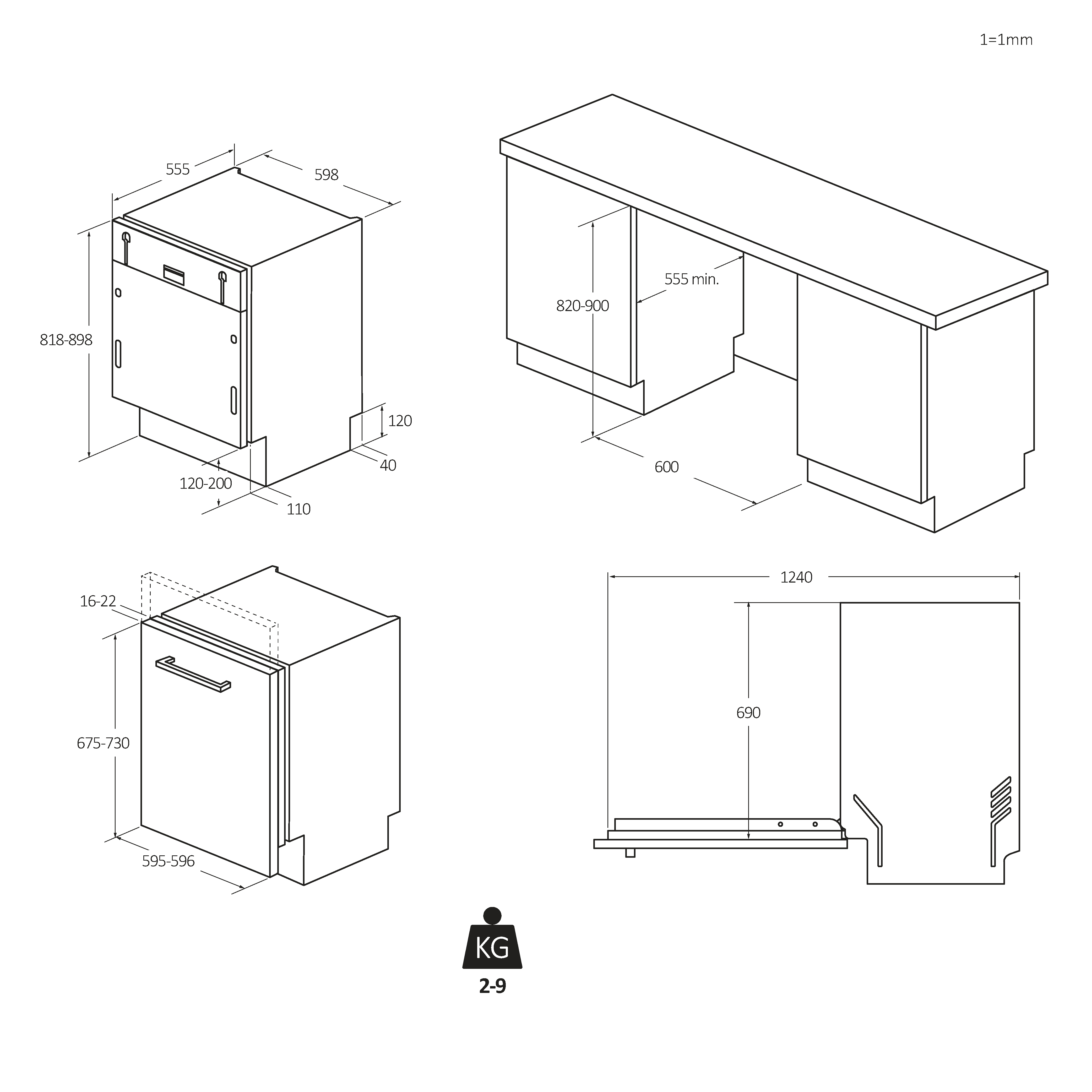 Dibujo técnico con dimensiones para un lavavajillas y su instalación en un mueble de cocina.