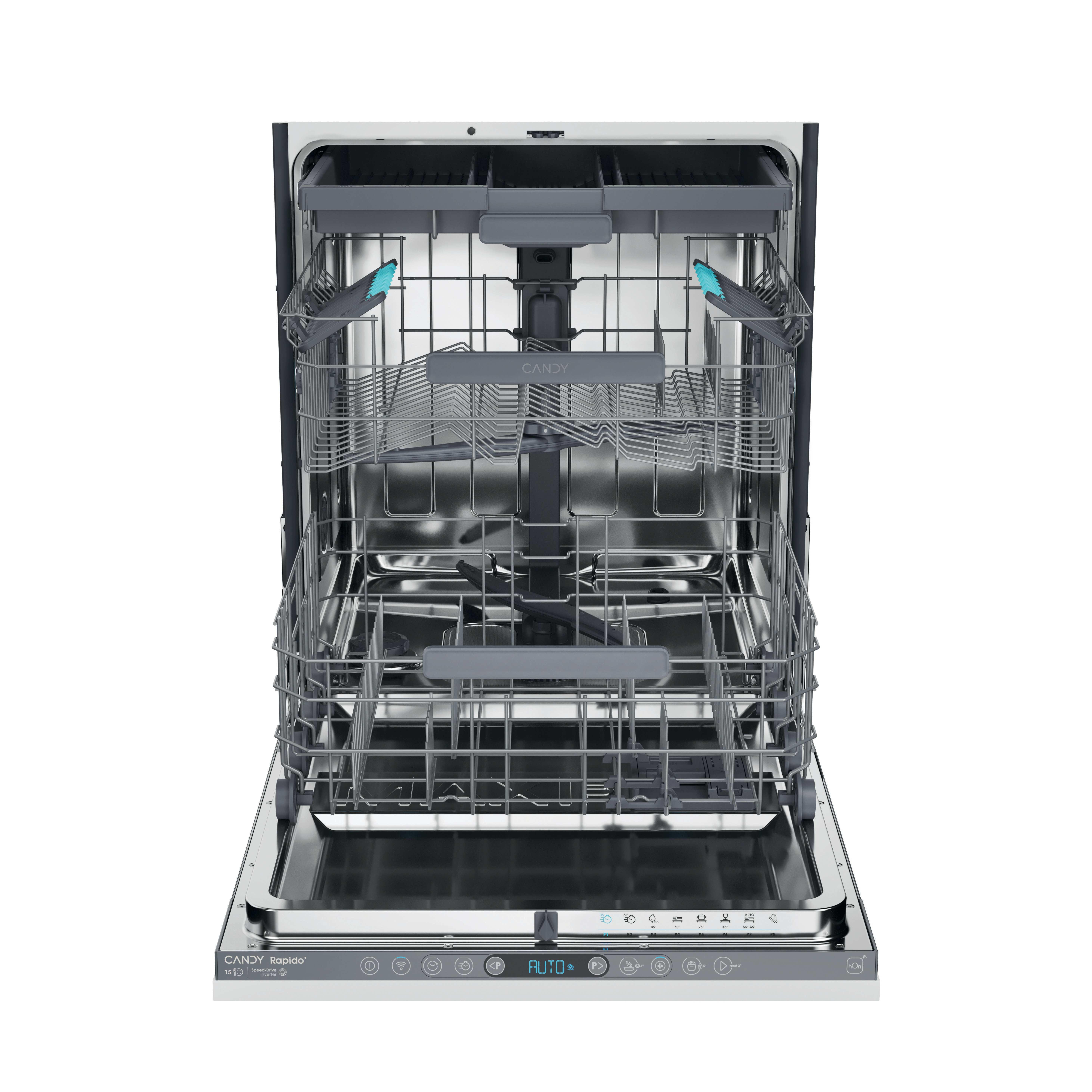 Lavavajillas moderno abierto con bandejas extraíbles vacías, una bandeja para cubiertos y panel de control.