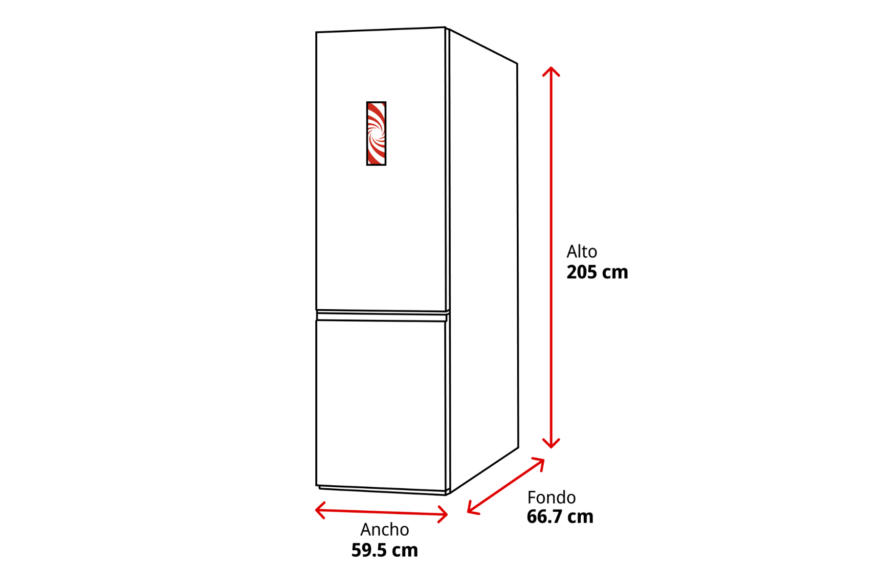 Dibujo lineal de un refrigerador con dimensiones: 205 cm de alto, 59,5 cm de ancho y 66,7 cm de fondo.