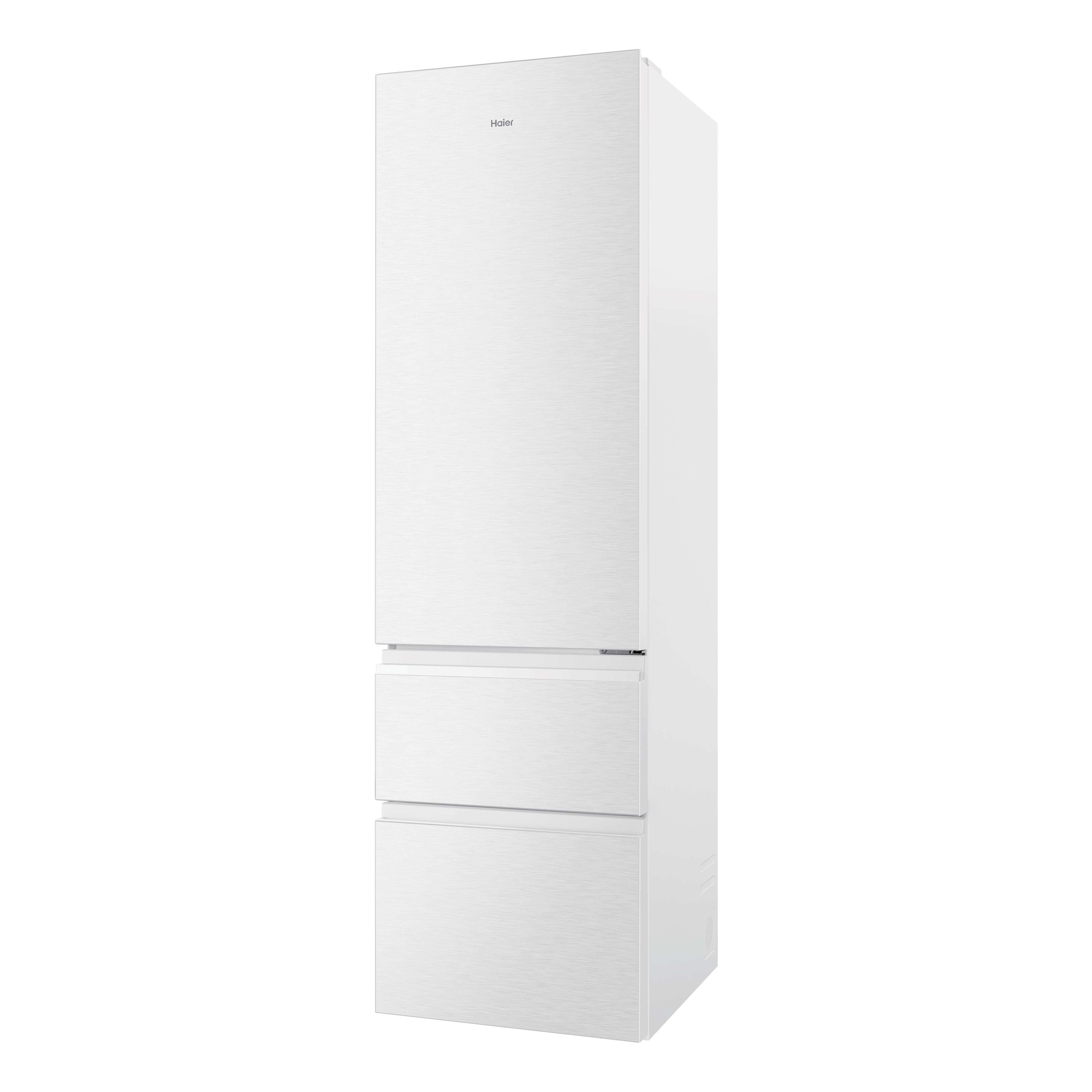 Un frigorífico Haier blanco de libre instalación con dos cajones de congelador abajo.
