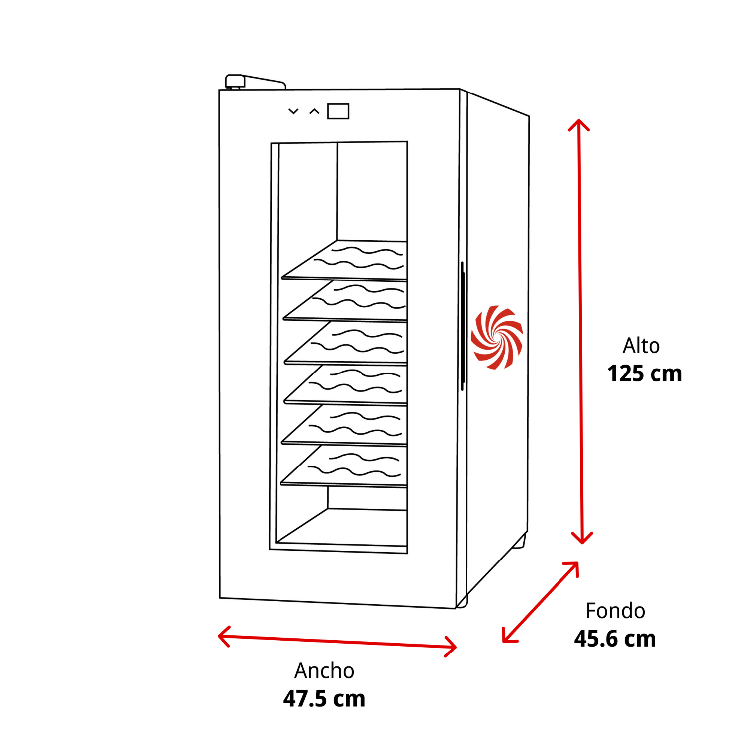 Dibujo lineal de una vinoteca con dimensiones: alto 125 cm, ancho 47,5 cm, fondo 45,6 cm.