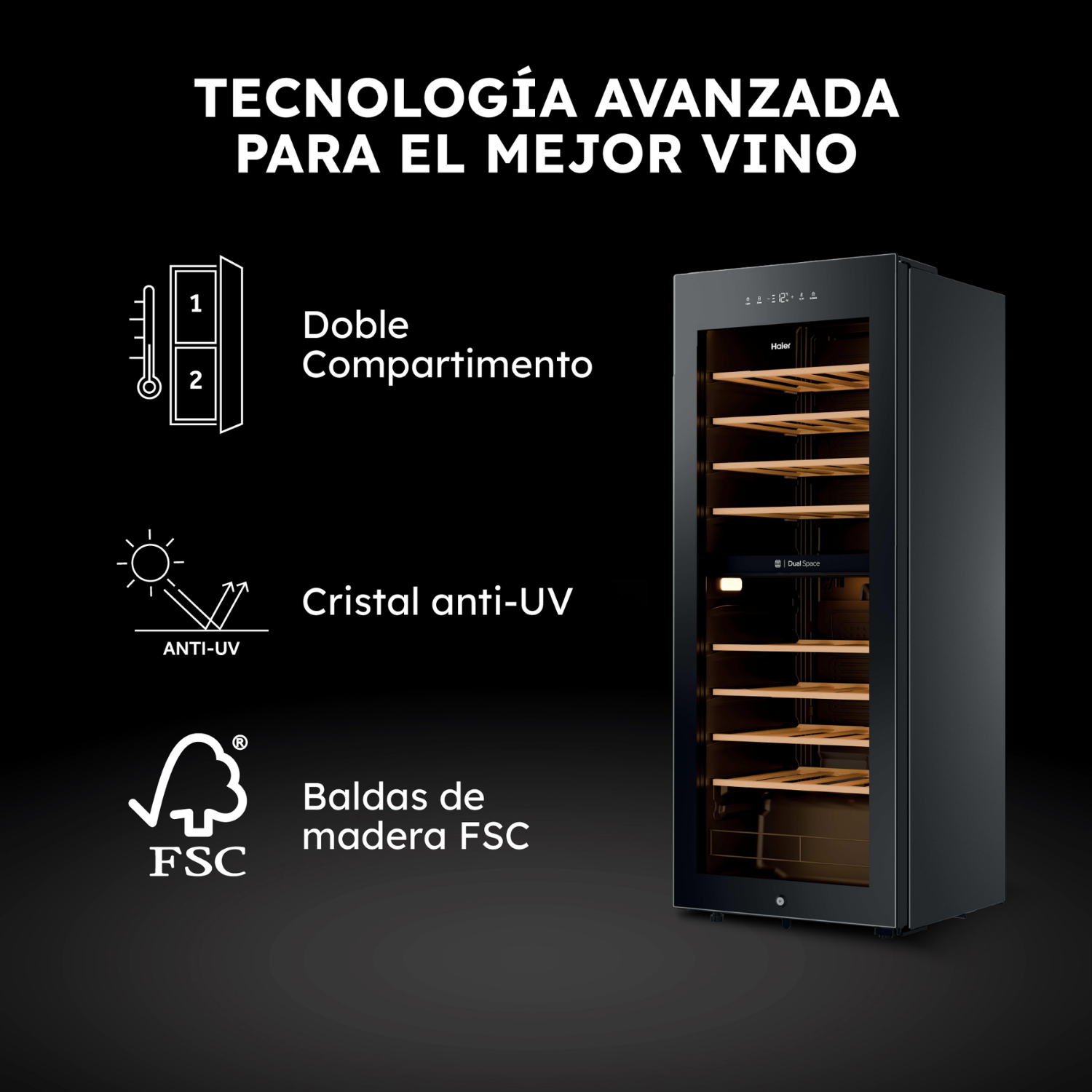 Una vinoteca negra con baldas de madera y tres iconos que muestran doble zona, cristal anti-UV y madera FSC.