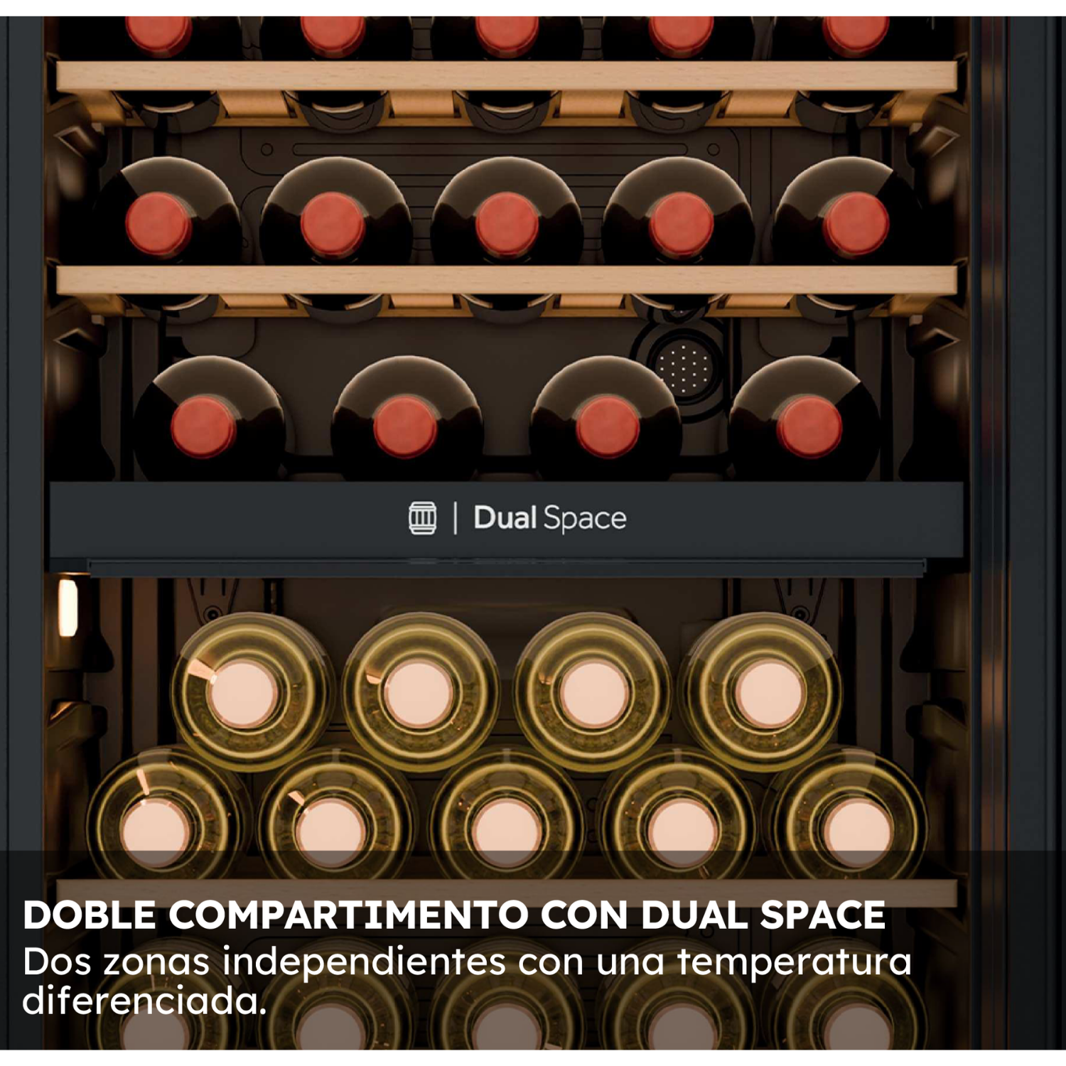 Vinoteca con doble zona y estantes de madera llenos de botellas.