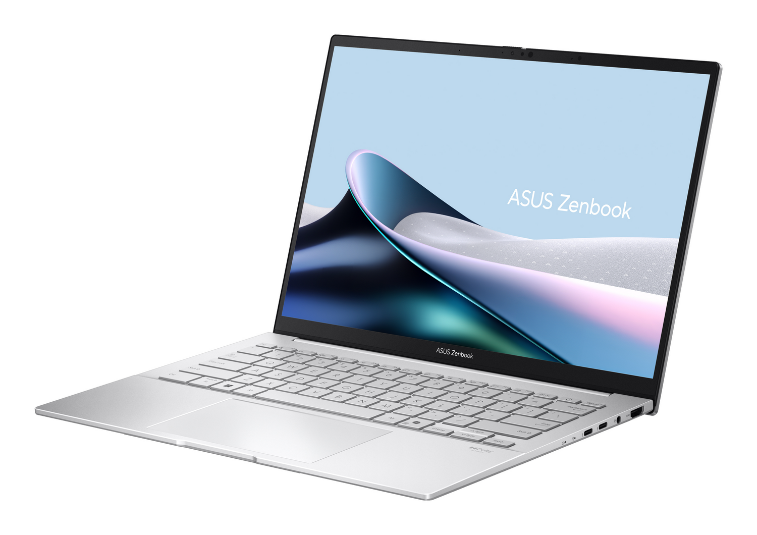 Un portátil ASUS Zenbook plateado abierto sobre una superficie blanca con una pantalla azul abstracta.