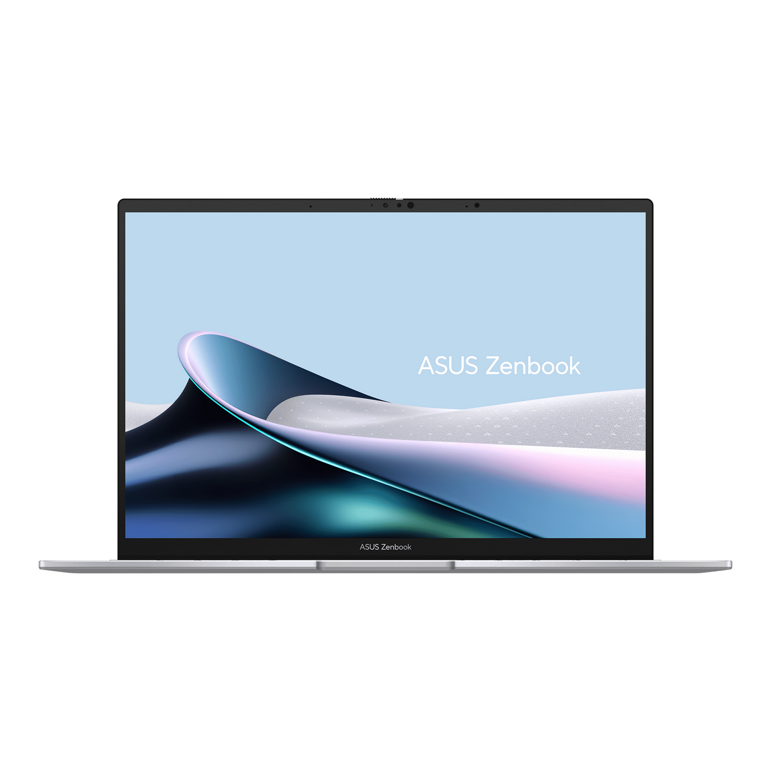 Vista frontal de un portátil plateado ASUS Zenbook que muestra un fondo abstracto y texto ASUS Zenbook en la pantalla.